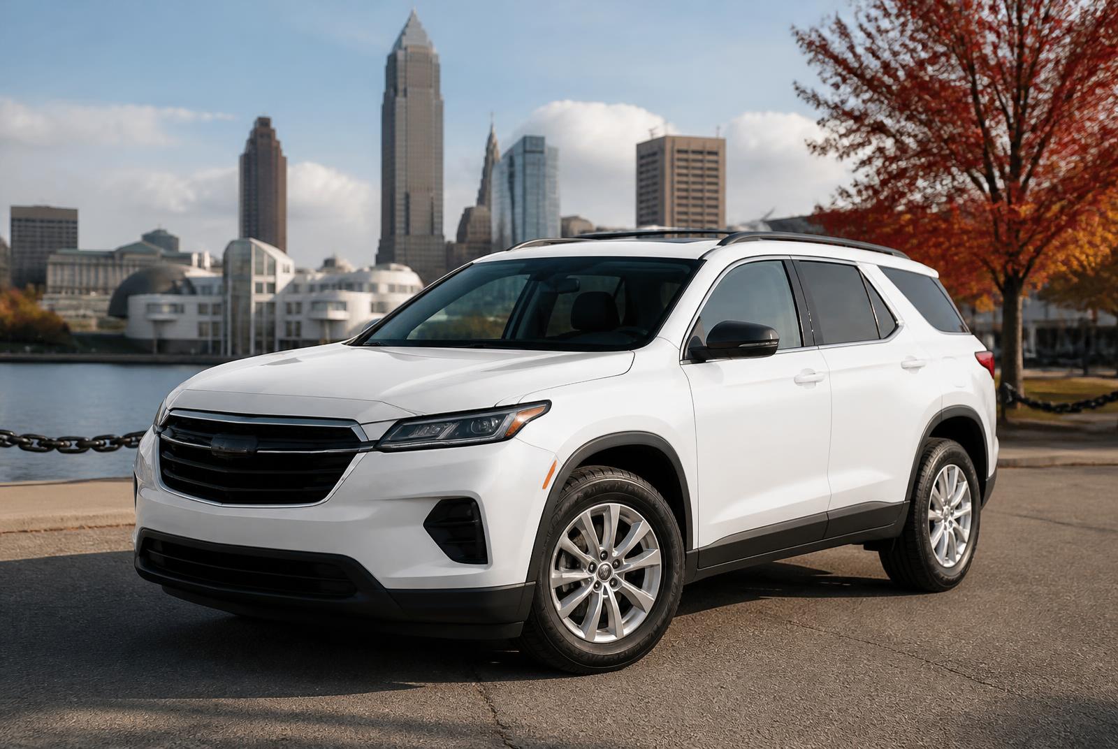 Clean white rental SUV with the Cleveland skyline in the background